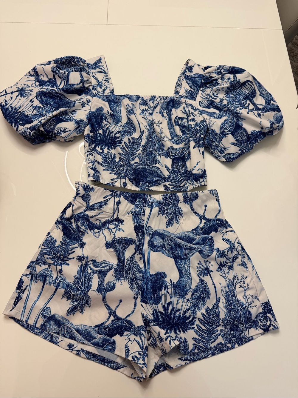 SHEIN Blue & White Puff-Sleeve Two-Piece Dress Set